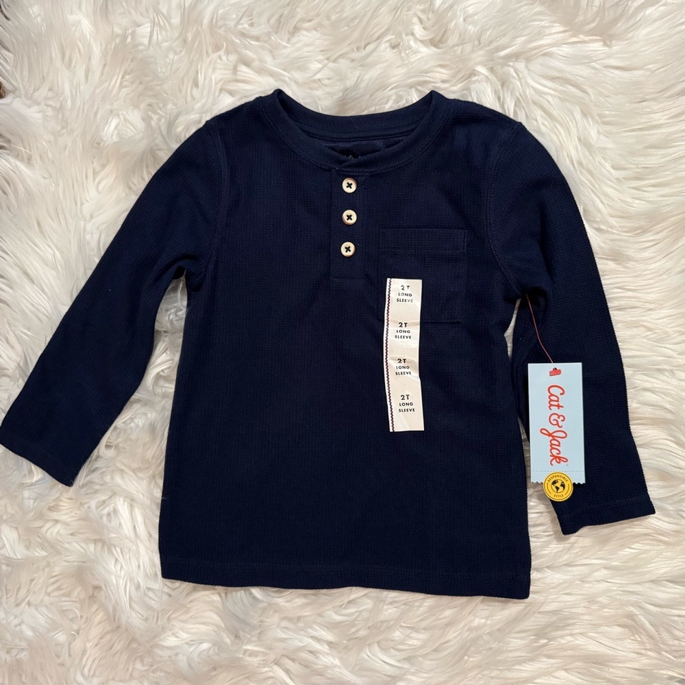 Cat & Jack Toddler Boys Navy Waffle Knit Henley Shirt 2T NWT